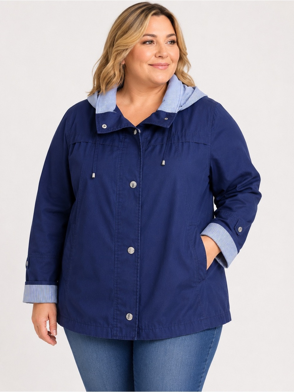 Mackintosh New England Utility Jacket 1X Nautical Coastal Hooded Navy Stripe
